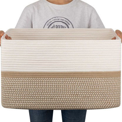 Picture of OIAHOMY 75L Laundry Basket, Extra Large Toy Storage Basket, Rectangle Cotton Rope Storage Basket, Blanket Basket Living Room, Woven Baskets for Storage, 22 x 17 x 12 Inches-Yellow/White