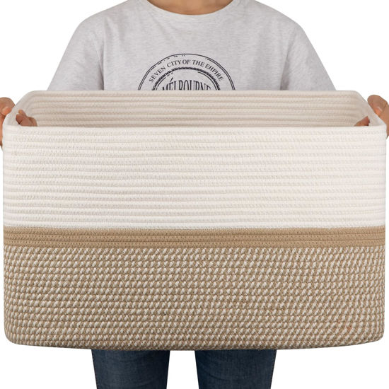 Picture of OIAHOMY 75L Laundry Basket, Extra Large Toy Storage Basket, Rectangle Cotton Rope Storage Basket, Blanket Basket Living Room, Woven Baskets for Storage, 22 x 17 x 12 Inches-Yellow/White