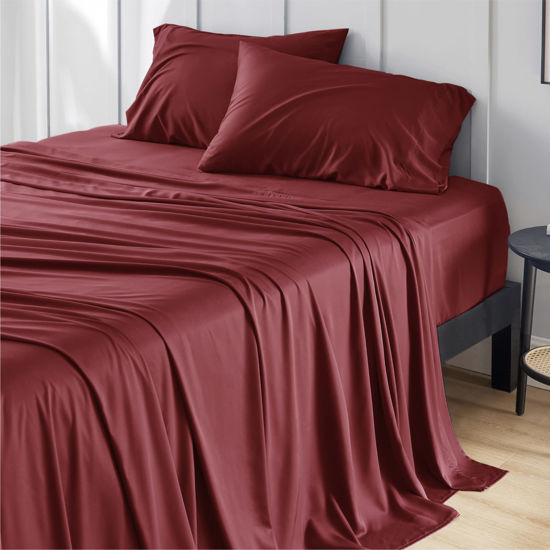 Picture of Bedsure Twin Sheets Set, Cooling Sheets Twin Size Bed Set, Rayon Derived from Bamboo, Twin Size Sheets, Breathable & Soft Bed Sheets, Hotel Luxury Silky Bedding Sheets & Pillowcases, Burgundy