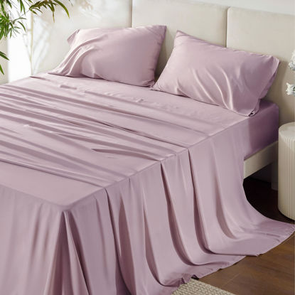 Picture of Bedsure California King Sheet Sets, Cooling Sheets, Rayon Derived from Bamboo, Deep Pocket Up to 16", Breathable & Soft Bed Sheets, Hotel Luxury Silky Bedding Sheets & Pillowcases, Lavender