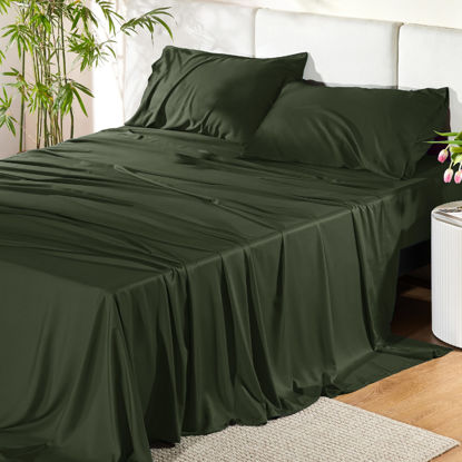 Picture of Bedsure California King Sheet Sets, Cooling Sheets, Rayon Derived from Bamboo, Deep Pocket Up to 16", Breathable & Soft Bed Sheets, Hotel Luxury Silky Bedding Sheets & Pillowcases, Olive Green