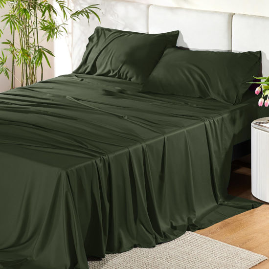 Picture of Bedsure California King Sheet Sets, Cooling Sheets, Rayon Derived from Bamboo, Deep Pocket Up to 16", Breathable & Soft Bed Sheets, Hotel Luxury Silky Bedding Sheets & Pillowcases, Olive Green