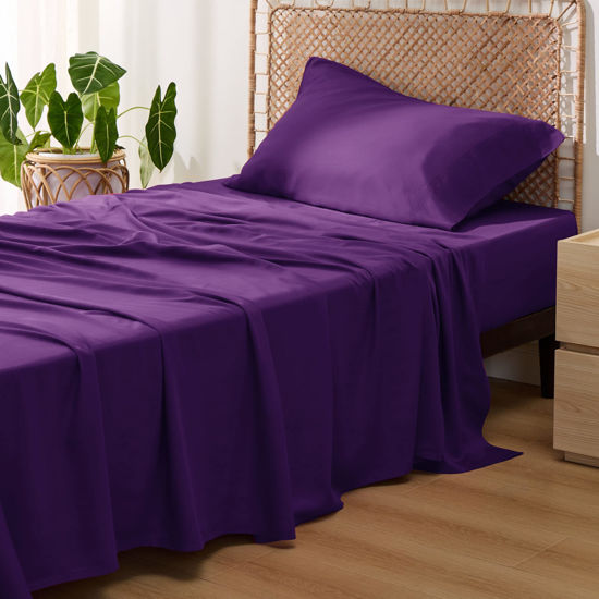 Picture of Bedsure Twin Sheets Set, Cooling Sheets Twin Size Bed Set, Rayon Derived from Bamboo, Twin Size Sheets, Breathable & Soft Bed Sheets, Hotel Luxury Silky Bedding Sheets & Pillowcases, Plum
