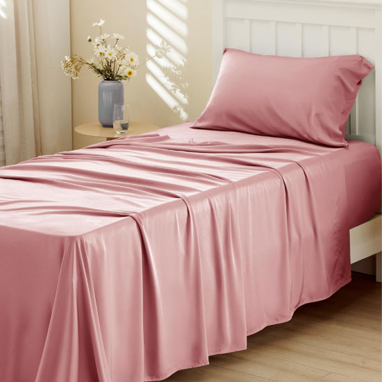 Picture of Bedsure Twin Sheets Set, Cooling Sheets Twin Size Bed Set, Rayon Derived from Bamboo, Twin Size Sheets, Breathable & Soft Bed Sheets, Hotel Luxury Silky Bedding Sheets & Pillowcases, Blush Pink