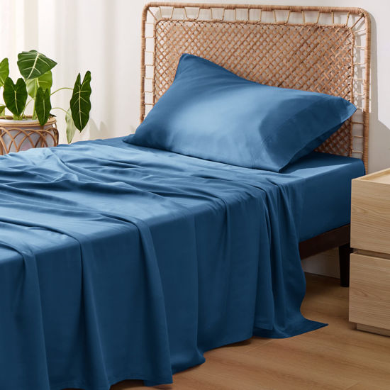 Picture of Bedsure Twin Sheets Set, Cooling Sheets Twin Size Bed Set, Rayon Derived from Bamboo, Twin Size Sheets, Breathable & Soft Bed Sheets, Hotel Luxury Silky Bedding Sheets & Pillowcases, Peacock Blue