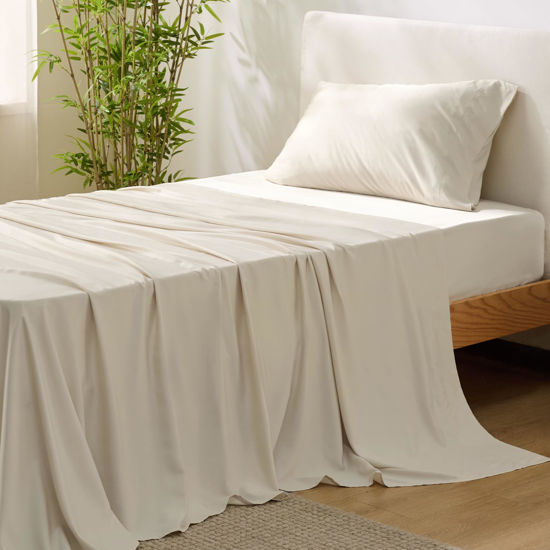 Picture of Bedsure Twin Sheets Set, Cooling Sheets Twin Size Bed Set, Rayon Derived from Bamboo, Twin Size Sheets, Breathable & Soft Bed Sheets, Hotel Luxury Silky Bedding Sheets & Pillowcases, Light Beige