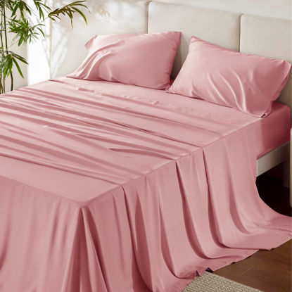 Picture of Bedsure King Size Sheet Sets, Cooling Sheets for Hot Sleepers, Rayon Derived from Bamboo, Breathable & Soft Deep Pocket Up to 16 Inches, Hotel Luxury Silky Bedding, Bedsheet & Pillowcases, Blush Pink