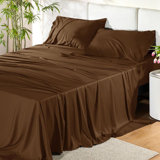 Picture of Bedsure Full Size Sheets, Cooling Sheets Full, Rayon Derived from Bamboo, Deep Pocket Up to 16", Breathable & Soft Bed Sheets, Hotel Luxury Silky Bedding Sheets & Pillowcases, Brown
