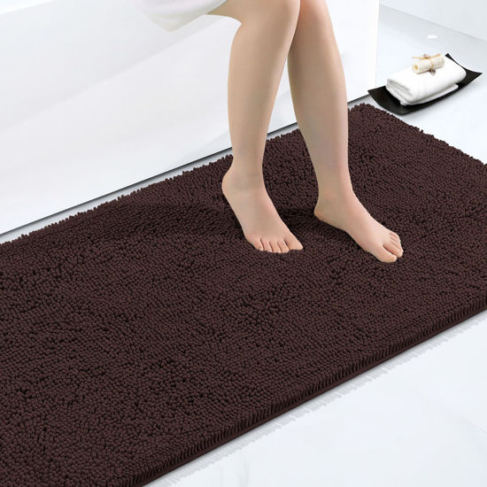 Picture of Smiry Luxury Chenille Bathroom Rugs 45x27, Extra Soft and Absorbent Shaggy Bath Mat, Machine Washable, Non-Slip Plush Carpet Runner for Tub, Shower, and Floor, Home Decor Accessories, Brown