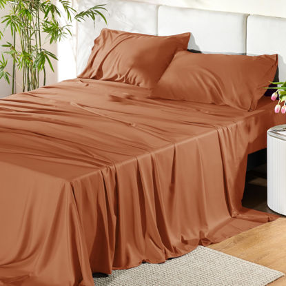 Picture of Bedsure California King Sheet Sets, Cooling Sheets, Rayon Derived from Bamboo, Deep Pocket Up to 16", Breathable & Soft Bed Sheets, Hotel Luxury Silky Bedding Sheets & Pillowcases, Burnt Orange
