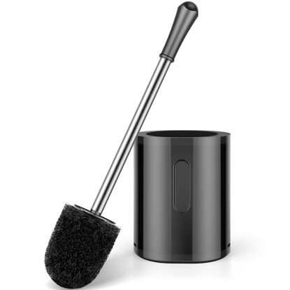Picture of Toilet Brush, Compact Size Toilet Bowl Brush with Stainless Steel Handle, Small Size Plastic Holder Easy to Hide, Space Saving for Storage, Drip-Proof, Easy to Assemble, Deep Cleaning Black
