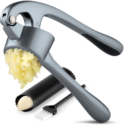 Picture of Zulay Kitchen Large Premium Garlic Press Set - Bigger Bowl for Bigger Garlic - Rust Proof & Dishwasher Safe Garlic Mincer Tool - Easy-Squeeze, Easy-Clean Silicone Garlic Peeler & Brush (Slate)