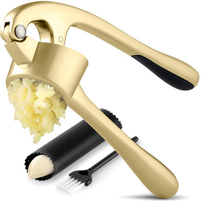 Picture of Zulay Kitchen Large Premium Garlic Press Set - Bigger Bowl for Bigger Garlic - Rust Proof & Dishwasher Safe Garlic Mincer Tool - Easy-Squeeze, Easy-Clean Silicone Garlic Peeler & Brush (Gold)