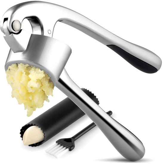 Picture of Zulay Kitchen Large Premium Garlic Press Set - Bigger Bowl for Bigger Garlic - Rust Proof & Dishwasher Safe Garlic Mincer Tool - Easy-Squeeze, Easy-Clean Silicone Garlic Peeler & Brush (Chrome)