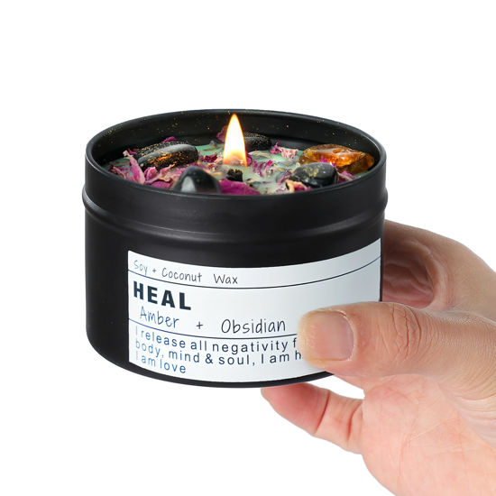 Picture of Obsidian Crystal Stone Energy Candle, Good Aura Health Protection, Baltic Amber Chakra Magic Vegetarian Affirmation Gift.(HEAL)