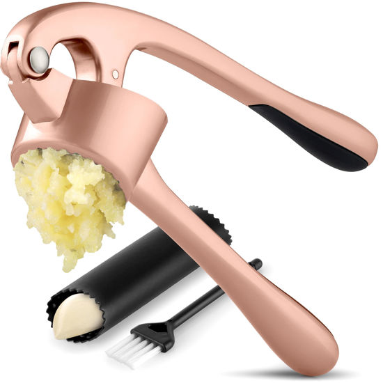 Picture of Zulay Kitchen Large Premium Garlic Press Set - Bigger Bowl for Bigger Garlic - Rust Proof & Dishwasher Safe Garlic Mincer Tool - Easy-Squeeze, Easy-Clean Silicone Garlic Peeler & Brush (Rose Gold)