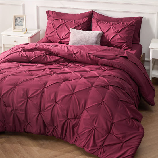 Picture of Bedsure Twin/Twin XL Comforter Set with Sheets - 5 Pieces Twin Bedding Sets, Pinch Pleat Burgundy Twin Bed in a Bag with Comforter, Sheets, Pillowcase & Sham