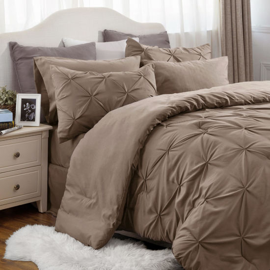 Picture of Bedsure Twin Size Comforter Sets Brown - 5 Pieces Pintuck Bed Set Twin Size, Twin Size Bed in a Bag with Comforter, Sheets, Pillowcase & Sham