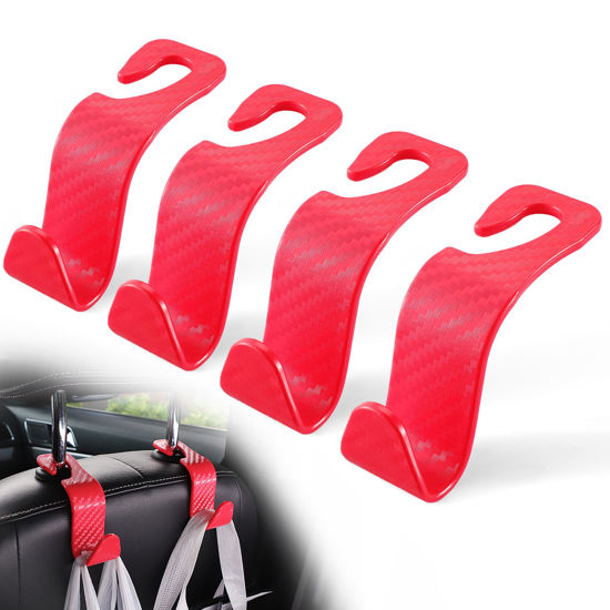 Picture of LivTee Car Purse Hook, Headrest Hook for Car, 4 Pack Universal Auto Car Seat Headrest Hook Hangers Organizer for Purse Coat Umbrellas Grocery Bags Handbag, Car Accessories - Carbon Fiber Red