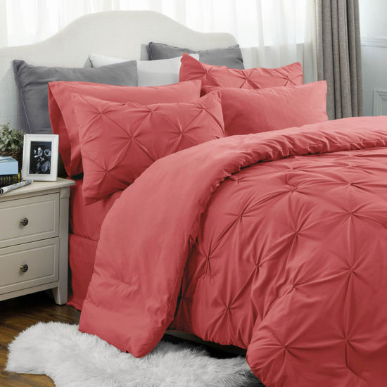 Picture of Bedsure California King Comforter Set - Cal King Bed Set 7 Pieces, Cali King Bedding Set with Comforter, Sheets, Pillowcases & Shams (Coral Red)