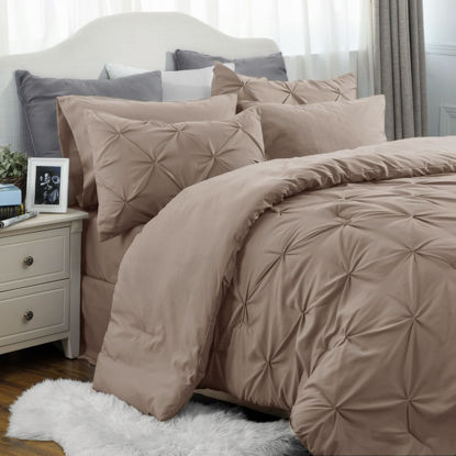 Picture of Bedsure Twin Comforter Set with Sheets - 5 Pieces Twin Bedding Sets, Pinch Pleat Khaki Twin Bed in a Bag with Comforter, Sheets, Pillowcase & Sham, Kids Bedding Set