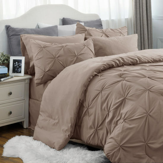 Picture of Bedsure Twin Comforter Set with Sheets - 5 Pieces Twin Bedding Sets, Pinch Pleat Khaki Twin Bed in a Bag with Comforter, Sheets, Pillowcase & Sham, Kids Bedding Set