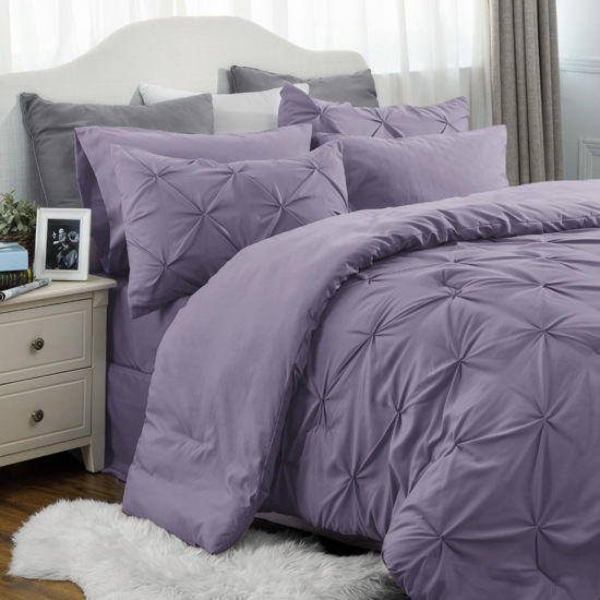 Picture of Bedsure California King Comforter Set Grayish Purple - Cal King Bed Set 7 Pieces, Pinch Pleat Cali King Bedding Set with Comforter, Sheets, Pillowcases & Shams