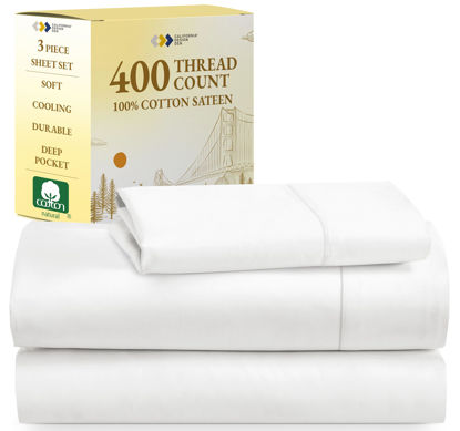 Picture of California Design Den Soft 100% Cotton Sheets, Twin Sheets Set, 400 Thread Count Sateen Bedding for Dorm Rooms & Adults, Deep Pocket Sheets, Cooling Sheets, Twin Bed Sheets (Antique White)