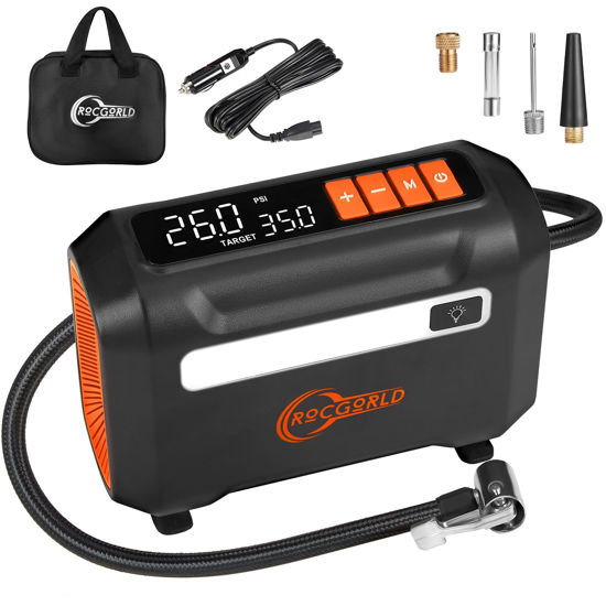 Picture of ROCGORLD R8 Tire Inflator Portable Air Compressor, DC 12V Air Compressor for Car with Large Dual Digital Screen, 3X Faster Inflation Air Pump for Car Tires, Bike, Ball, Motor - Car Accessories