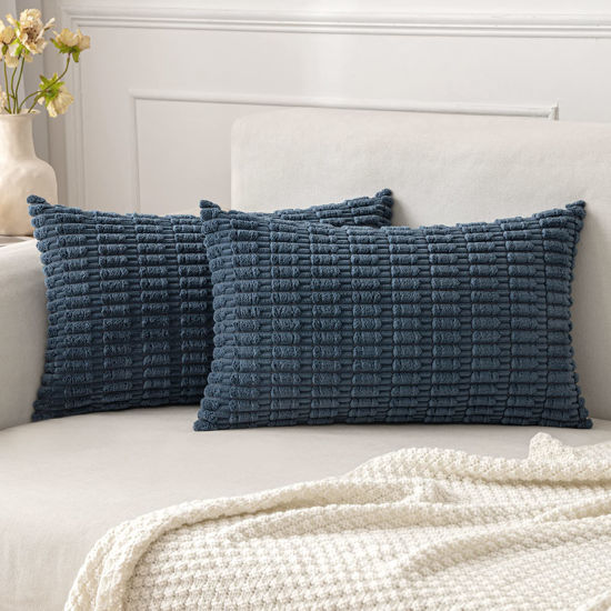 Picture of MIULEE Pack of 2 Corduroy Decorative Throw Pillow Covers 12x20 Inch Soft Boho Striped Pillow Covers Modern Farmhouse Home Decor for Sofa Living Room Couch Bed Blue