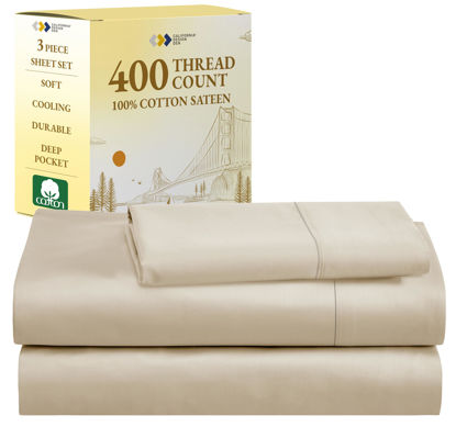 Picture of California Design Den Twin Sheets 100% Cotton, 400 Thread Count Sateen for Twin Size Bed, Soft & Breathable, Cooling Sheet Set, Deep Pocket Bed Sheets (Beige)