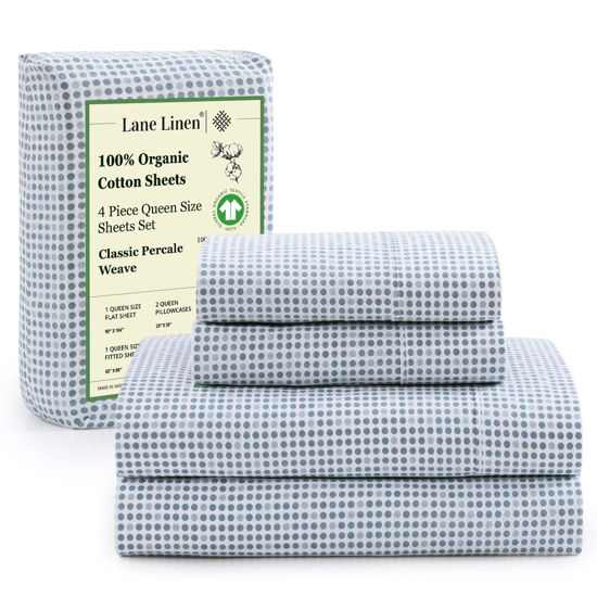 Picture of Lane Linen Queen Bed Sheets Set - 100% Organic Cotton Sheets Queen Size, 4Pc Cooling Sheets For Bed, Hotel Luxury Bed Sheets Set, Breathable Sheets queen size bed set deep pockets upto 15" - Polka Dot