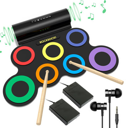 Picture of ROCKSOCKI Electric Drum Set, 7-Pad Electronic Drum Set with Headphone Included, Roll-up Drum Pad For Kids, Great Holiday Xmas Birthday Gift (Dual Speakers)
