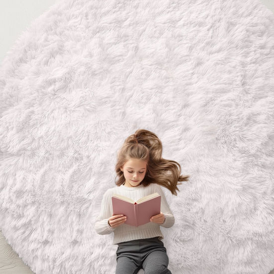 Picture of OLANLY White Round Rugs for Bedroom - Machine Washable, 9x9 Feet Circle Area Rugs for Living Room, Soft and Fluffy Shaggy Carpet for Teen Girls and Boys, Nursery Rooms, Dorms, Home Decor Aesthetic