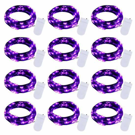 Picture of Halloween Purple Fairy String Lights: 12 Pack 7 Ft 20 LED Battery Operated Firefly Lights on Black Wire Starry Moon Lights for DIY Party Bedroom Patio