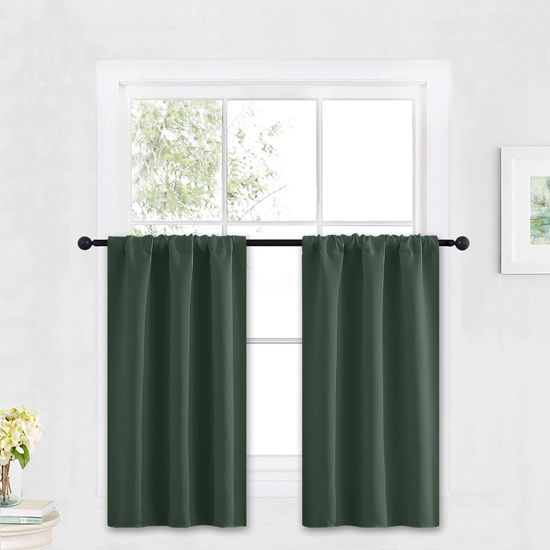 Picture of RYB HOME Bathroom Window Curtains - Super Soft Blackout Privacy Curtains for Baby Nursery Bedroom Basement Garege Workshop Kitchen Dining Living Room, W 29 x L 30, Dark Green, 2 Pcs