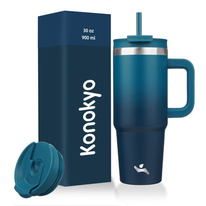 Picture of Konokyo 30 oz Tumbler with Handle and 2 Straws,2 in 1 Lid Insulated Water Bottle Stainless Steel Travel Coffee Mug,Indigo Black