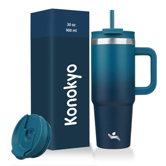Picture of Konokyo 30 oz Tumbler with Handle and 2 Straws,2 in 1 Lid Insulated Water Bottle Stainless Steel Travel Coffee Mug,Indigo Black