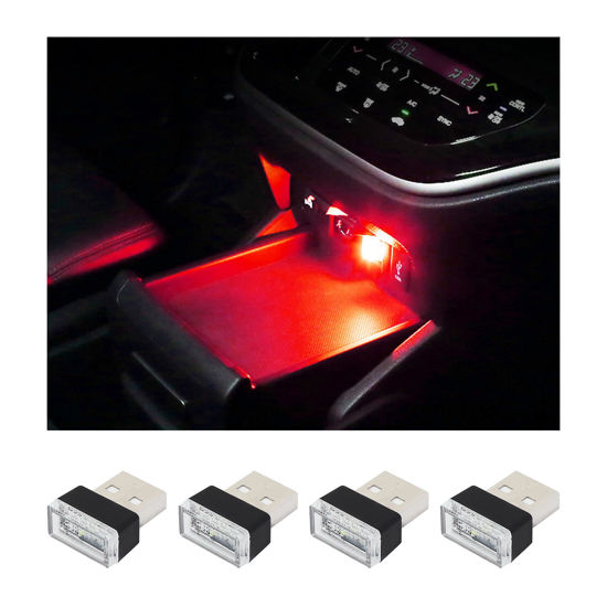 Picture of Augeny 4 PCS USB LED Car Interior Atmosphere Lamp, Plug-in USB Decor Night Light, Portable Auto Ambient Lighting Kit, Universal Vehicle Interior Accessories for Most Cars (Red)