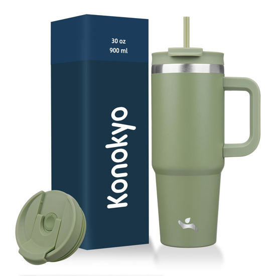 Picture of Konokyo 30 oz Tumbler with Handle and 2 Straws,2 in 1 Lid Insulated Water Bottle Stainless Steel Travel Coffee Mug,Army Green