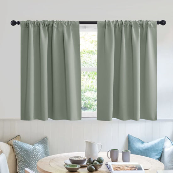 Picture of RYB HOME Dorm Curtains Room Darkening, 30 inch Length Privacy Window Treatment Thermal Insulated Covers for Shortage Room Studio Nursery, W42 x L30 inch, 2 Panels, Grayish Green