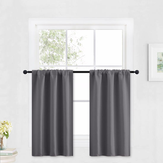 Picture of RYB HOME Blackout Curtains for Bathroom - Solid Light Block Blinds Privacy Light Block Drapes for Kitchen Cabinet Kids Nursery Bedroom Laundry Cafe Window Decor, W 29 x L 36, Grey, 1 Pair