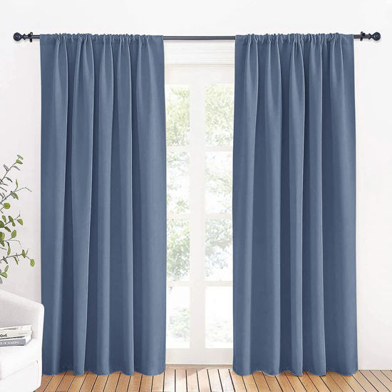 Picture of RYB HOME Blue Blackout Curtains 70 inch Width - Rod Pocket Room Darkening Window Shades Privacy Theraml Insulated Backdrops for Living Room Home Office, W70 x L84 inch, Stone Blue, 1 Pair