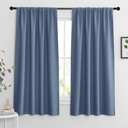 Picture of RYB HOME Blue Blackout Curtains 63 inch Length 2 Panels Set - Thermal Insulated Noise Reducing Energy Efficiency Small Window Decor for Kitchen Bedroom Bathroom, W42 inch x L63 inch, Stone Blue