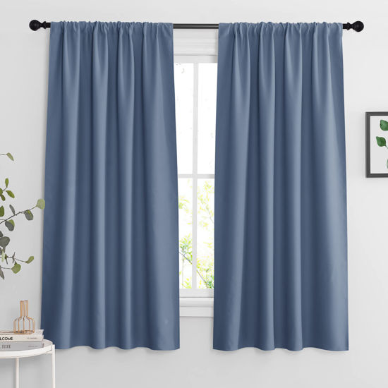 Picture of RYB HOME Blue Blackout Curtains 63 inch Length 2 Panels Set - Thermal Insulated Noise Reducing Energy Efficiency Small Window Decor for Kitchen Bedroom Bathroom, W42 inch x L63 inch, Stone Blue
