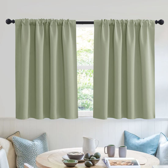 Picture of RYB HOME Bedroom Curtains Short - Blackout Privacy Energy Saving Farmhouse Curtains for RV Bunk Camper Bathroom Basement, 52 inch Width x 36 inch Length, Sage Green, 2 Pcs