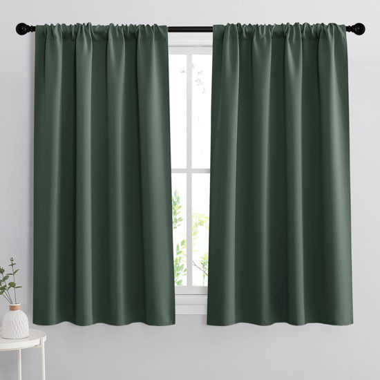 Picture of RYB HOME Room Darkening Curtains 45 inches Length, Blackout Window Curtains Drapes Energy Efficient Covering for Bedroom Dorm Glass Door, W 42 x L 45 inch, 2 Panels, Dark Green