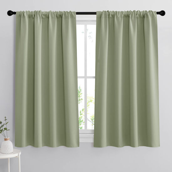 Picture of RYB HOME Room Darkening Kitchen Curtains 45 inch Length, Durable Privacy Window Drapes Thermal Insulated Panels Farmhouse Decor for Bedroom Studio Bathroom, W 42 x L 45 inches, Set of 2, Sage Green