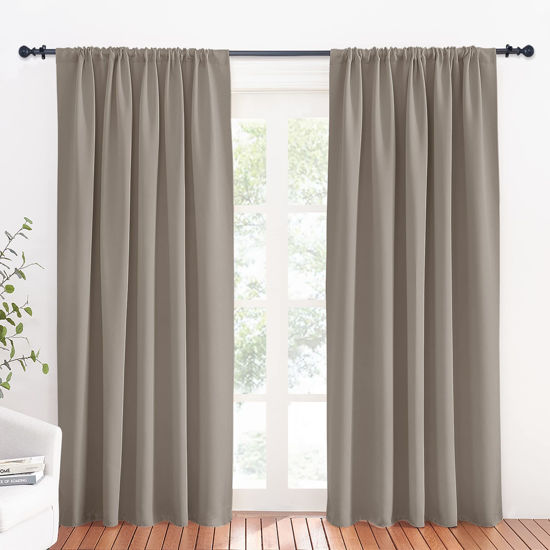 Picture of RYB HOME Room Darkening Curtains for Bedroom, Thermal Insulated Noise Reducing Window Drapes Farmhouse Decor for Living Room Dining Room, W70 x L84 inch, 2 Panels, Sand