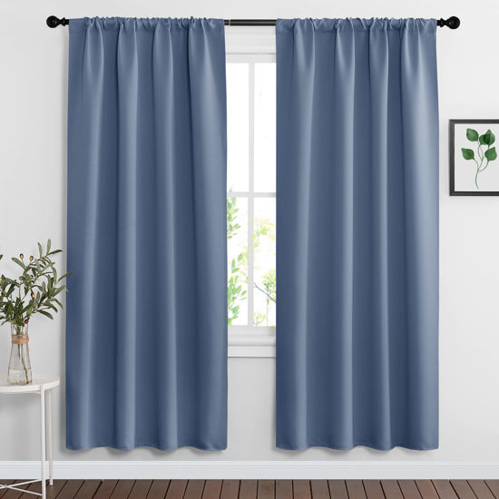 Picture of RYB HOME Bedroom Blackout Curtains - Room Darkening Noise Reducing Curtains & Drapes Solid Durable Privacy Window Treatment for Studio Living Room Playroom, W42 x L72 inch, Stone Blue, 1 Pair
